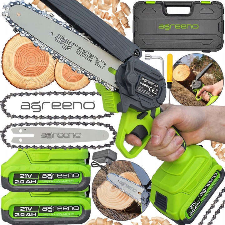 Zestaw akumulatorowej pilarki łańcuchowej marki Agreeno: dwa akumulatory 21V 2.0Ah, ładowarka, dwa łańcuchy tnące i prowadnica, narzędzia do montażu i konserwacji, czarna walizka transportowa z logo Agreeno - ujęcie nr 1